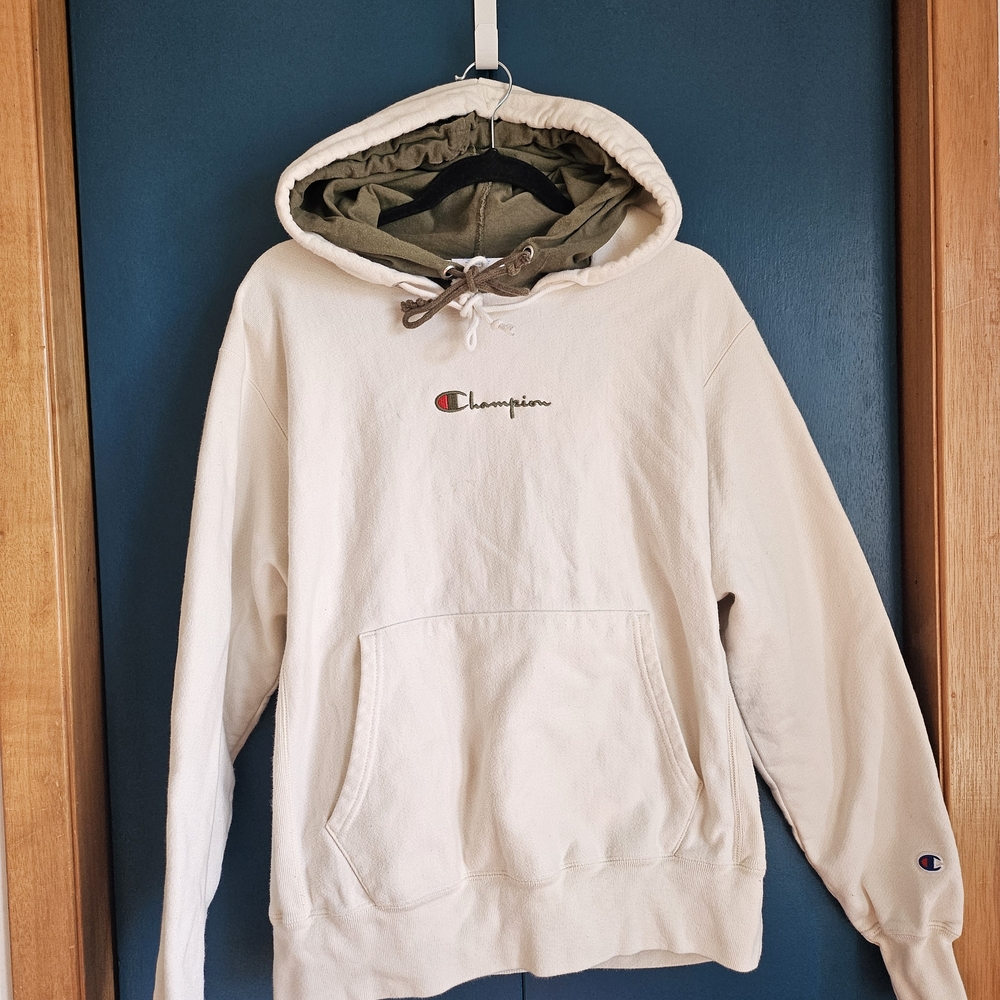 Champion Women's Double Hooded Cream & Army Green Reverse Weave Hoodie
